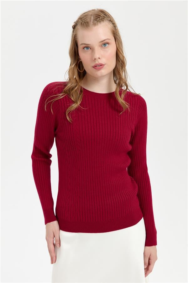 Kadın Sıfır Yaka Dikişsiz Önü Desenli Kazak V.Çürüğü