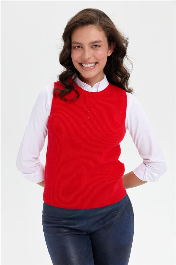 Kadın Sıfır Yaka Dikişsiz Önü Düğmeli Yün Süveter Mercan