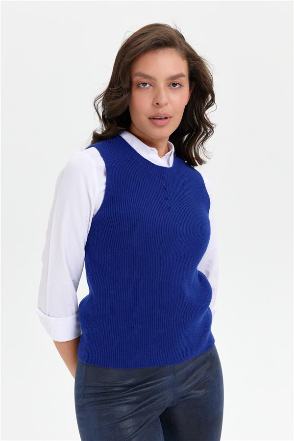 Kadın Sıfır Yaka Dikişsiz Önü Düğmeli Yün Süveter K.S.Mavi