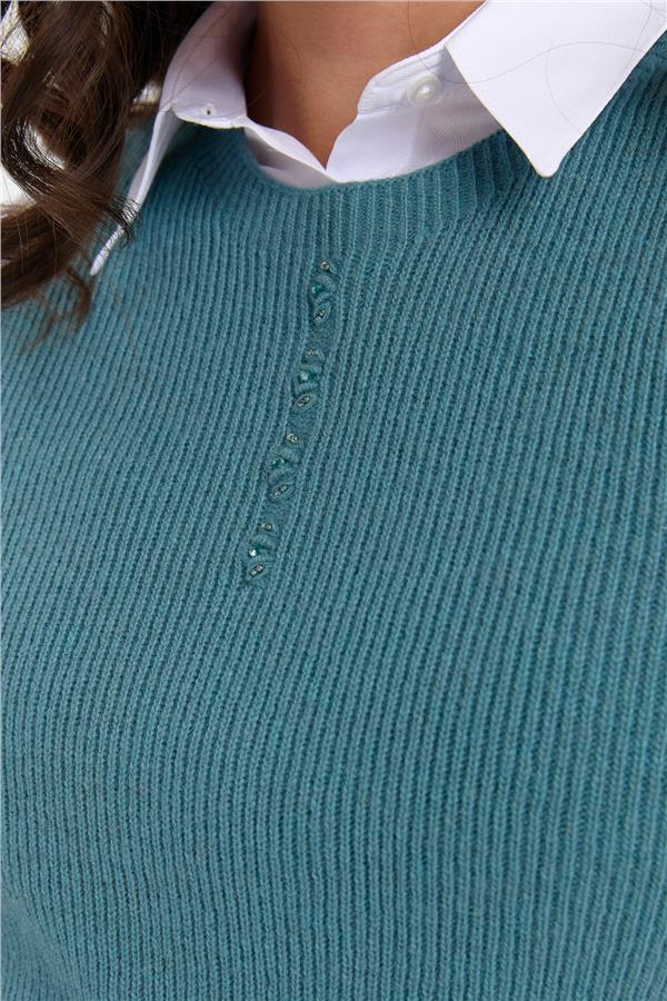 Kadın Sıfır Yaka Dikişsiz Önü Düğmeli Yün Süveter M.Yeşili