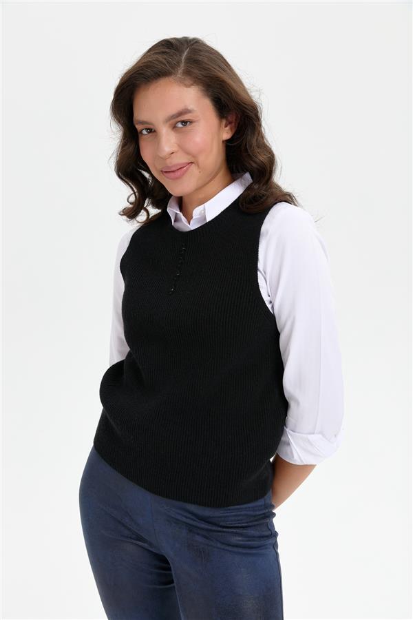 Kadın Sıfır Yaka Dikişsiz Önü Düğmeli Yün Süveter Siyah