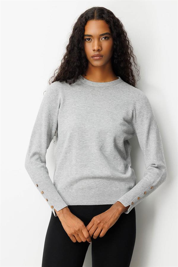 Kadın Sıfır Yaka Önü Kısa Arkası Uzun Kazak Gri