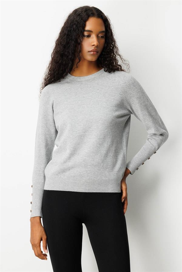 Kadın Sıfır Yaka Önü Kısa Arkası Uzun Kazak Gri