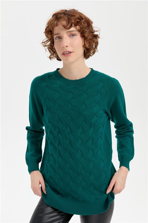 Kadın Sıfır Yaka Önü Saç Örgülü Yün Kazak K.Ö.başı