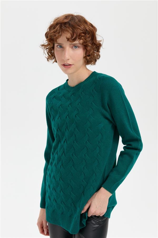 Kadın Sıfır Yaka Önü Saç Örgülü Yün Kazak K.Ö.başı