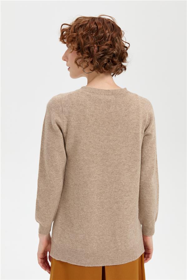 Kadın Sıfır Yaka Önü Saç Örgülü Yün Kazak K.Bej