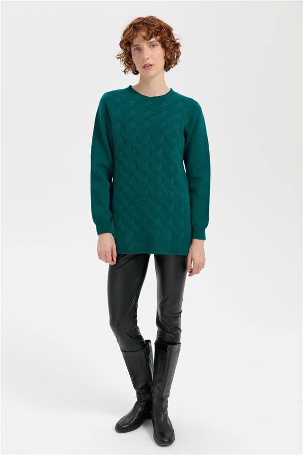 Kadın Sıfır Yaka Önü Saç Örgülü Yün Kazak K.Ö.başı