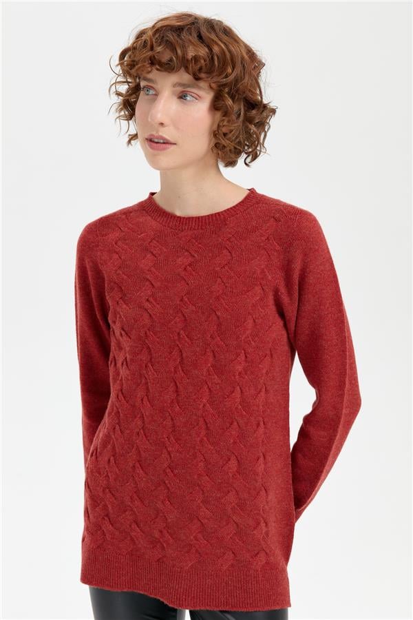 Kadın Sıfır Yaka Önü Saç Örgülü Yün Kazak Kiremit