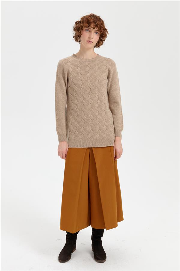 Kadın Sıfır Yaka Önü Saç Örgülü Yün Kazak K.Bej