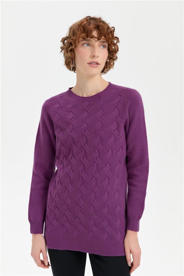 Kadın Sıfır Yaka Önü Saç Örgülü Yün Kazak A.Mor