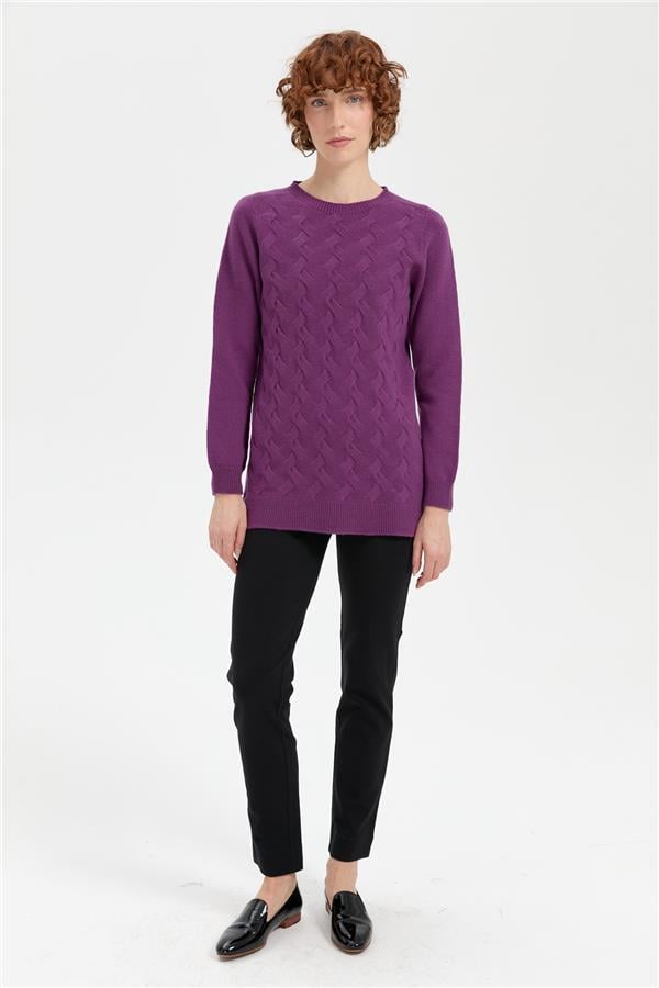 Kadın Sıfır Yaka Önü Saç Örgülü Yün Kazak A.Mor