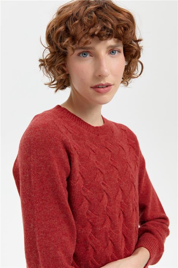 Kadın Sıfır Yaka Önü Saç Örgülü Yün Kazak Kiremit