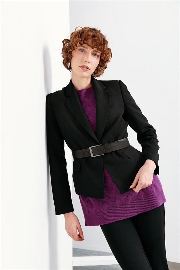 Kadın Sıfır Yaka Önü Saç Örgülü Yün Kazak A.Mor