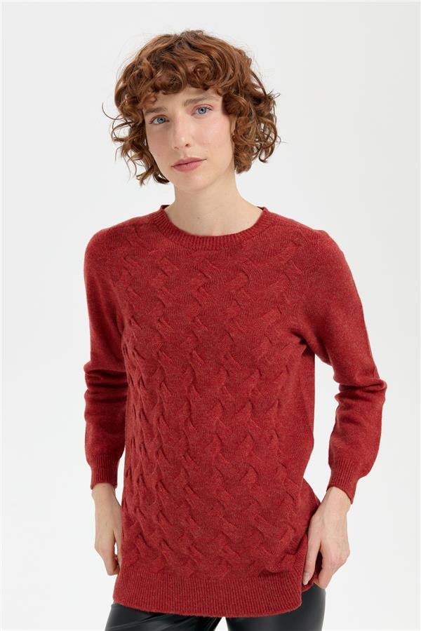 Kadın Sıfır Yaka Önü Saç Örgülü Yün Kazak Kiremit