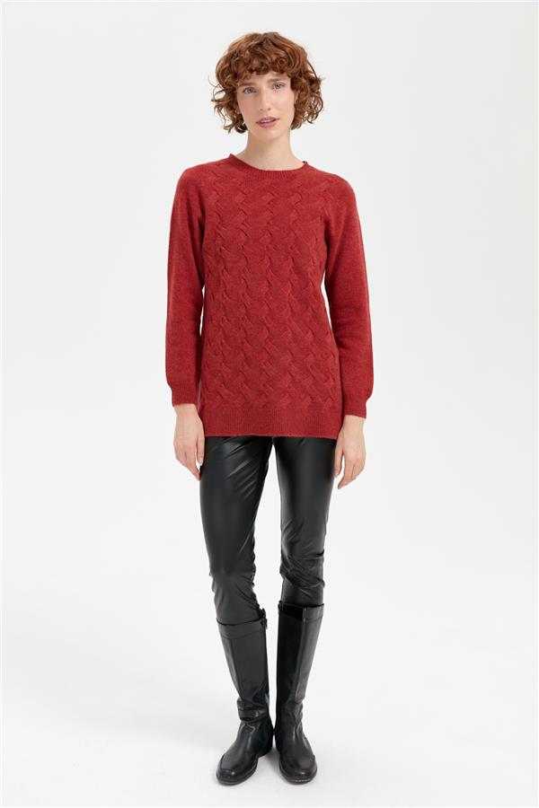 Kadın Sıfır Yaka Önü Saç Örgülü Yün Kazak Kiremit