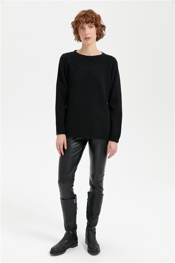 Kadın Sıfır Yaka Dikişsiz Önü Selanik Baklavalı Yün Kazak Siyah