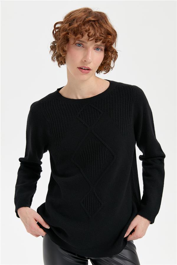 Kadın Sıfır Yaka Dikişsiz Önü Selanik Baklavalı Yün Kazak Siyah