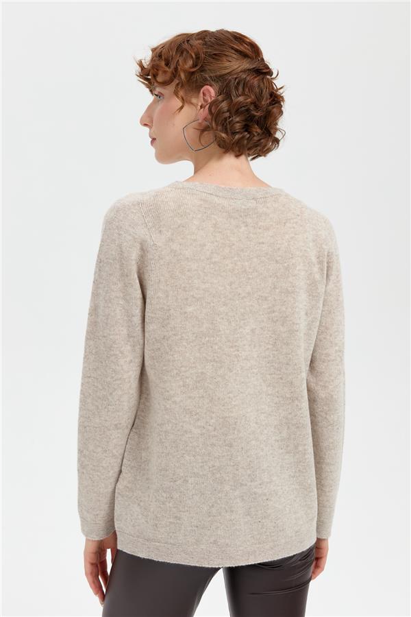 Kadın Sıfır Yaka Dikişsiz Önü Selanik Baklavalı Yün Kazak V.Bej