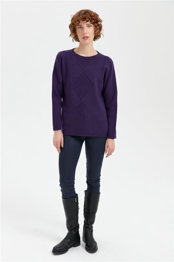 Kadın Sıfır Yaka Dikişsiz Önü Selanik Baklavalı Yün Kazak K.Mor