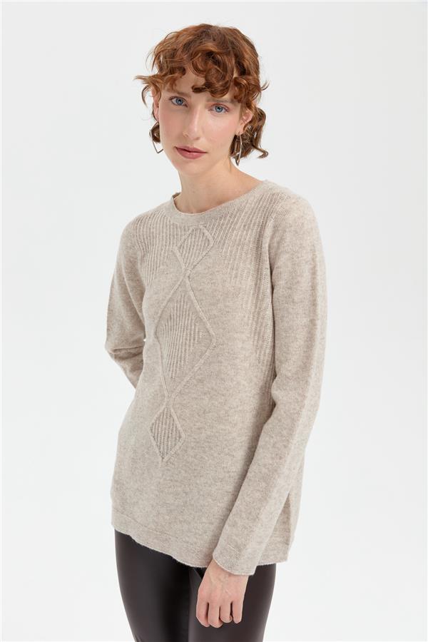 Kadın Sıfır Yaka Dikişsiz Önü Selanik Baklavalı Yün Kazak V.Bej