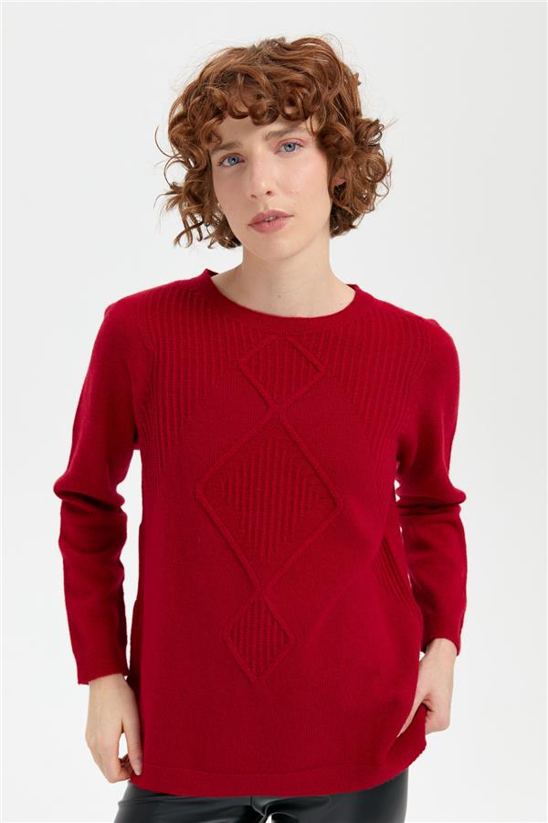 Kadın Sıfır Yaka Dikişsiz Önü Selanik Baklavalı Yün Kazak K.Kırmızı