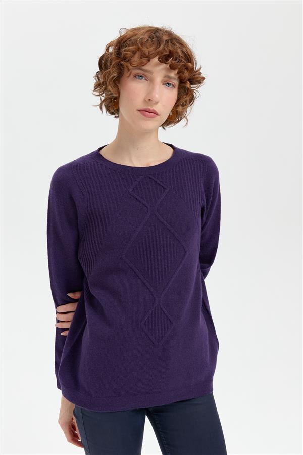 Kadın Sıfır Yaka Dikişsiz Önü Selanik Baklavalı Yün Kazak K.Mor