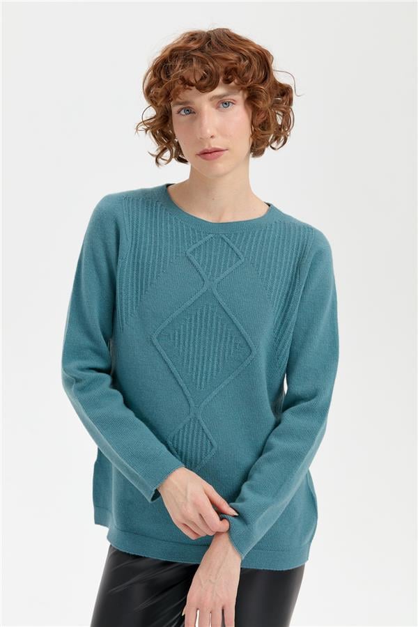 Kadın Sıfır Yaka Dikişsiz Önü Selanik Baklavalı Yün Kazak M.Yeşili