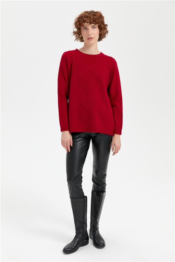 Kadın Sıfır Yaka Dikişsiz Önü Selanik Baklavalı Yün Kazak K.Kırmızı