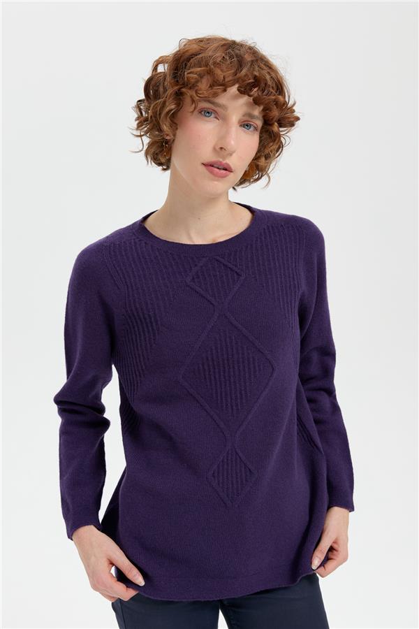 Kadın Sıfır Yaka Dikişsiz Önü Selanik Baklavalı Yün Kazak K.Mor