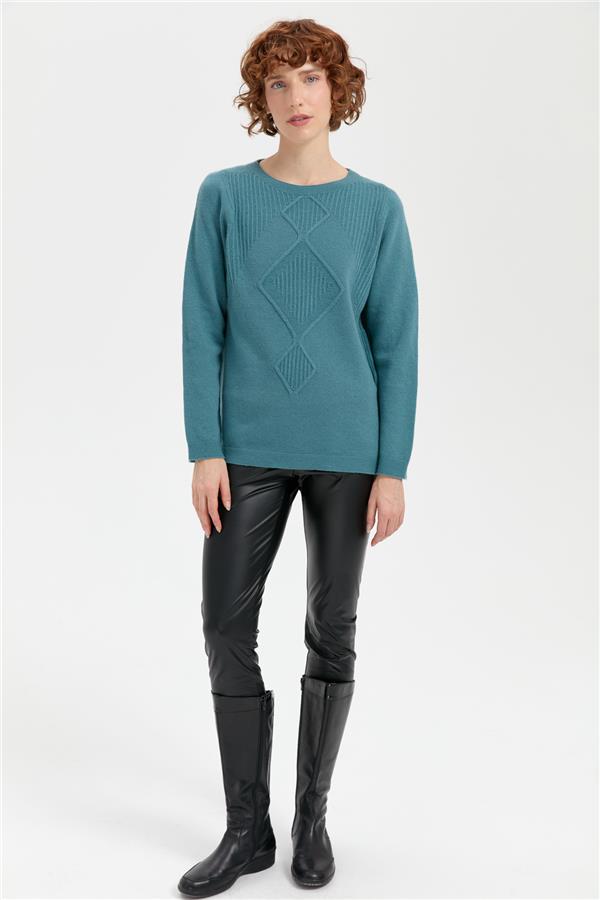 Kadın Sıfır Yaka Dikişsiz Önü Selanik Baklavalı Yün Kazak M.Yeşili