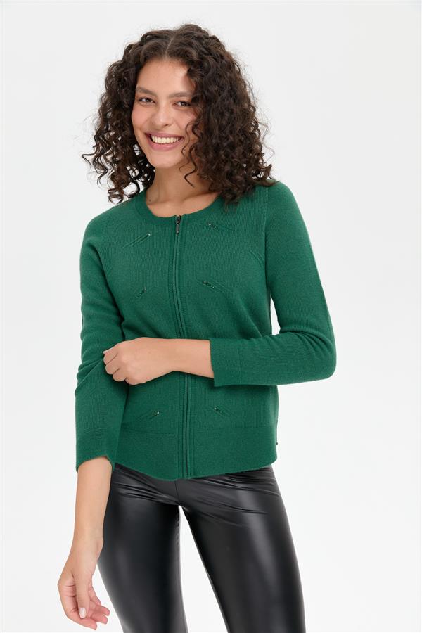 Kadın Sıfır Yaka Önü Taşlı Fermuarlı Yün Kazak Ö.Başı