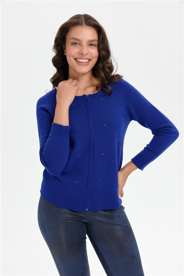 Kadın Sıfır Yaka Önü Taşlı Fermuarlı Yün Kazak K.Saks