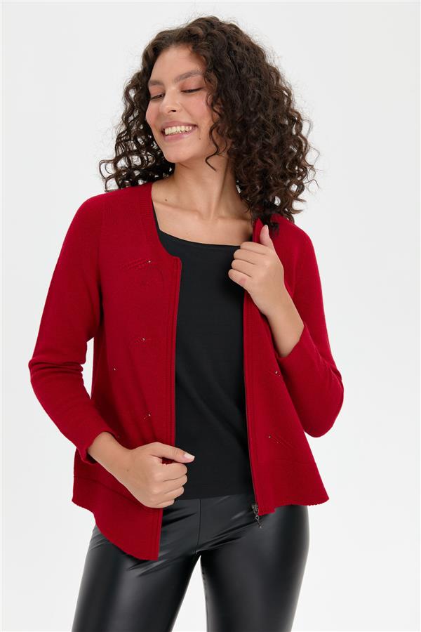 Kadın Sıfır Yaka Önü Taşlı Fermuarlı Yün Kazak K.Kırmızı