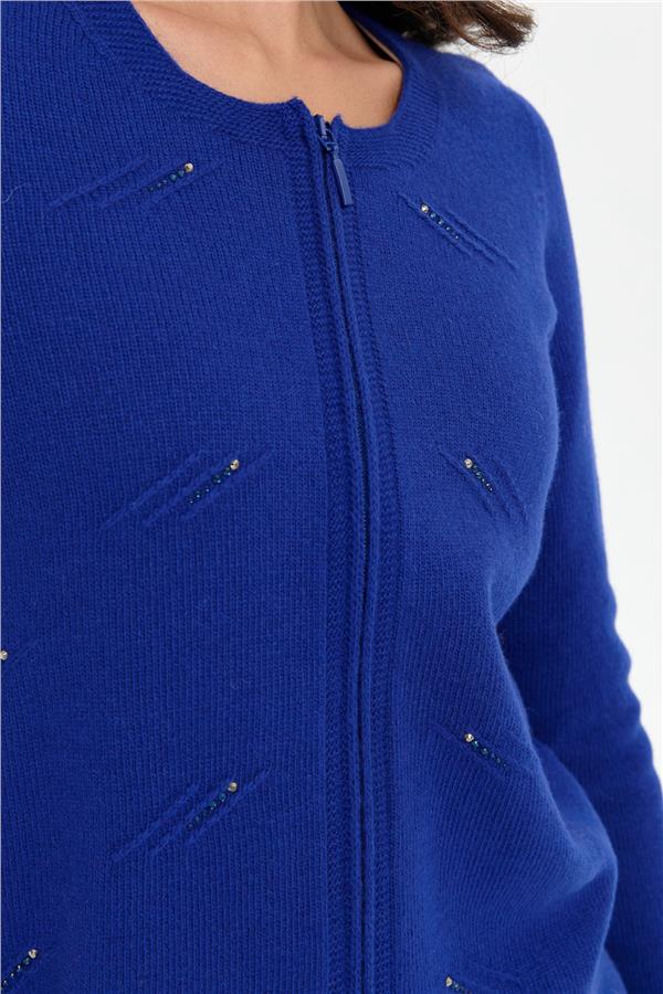 Kadın Sıfır Yaka Önü Taşlı Fermuarlı Yün Kazak K.Saks