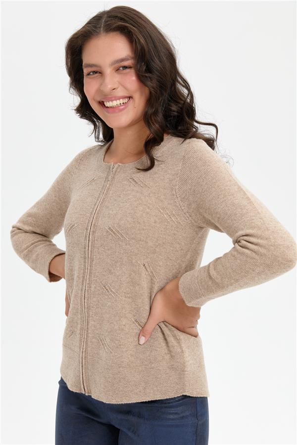 Kadın Sıfır Yaka Önü Taşlı Fermuarlı Yün Kazak K.Bej