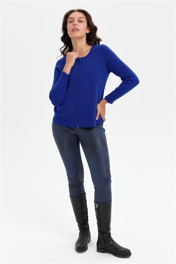 Kadın Sıfır Yaka Önü Taşlı Fermuarlı Yün Kazak K.Saks