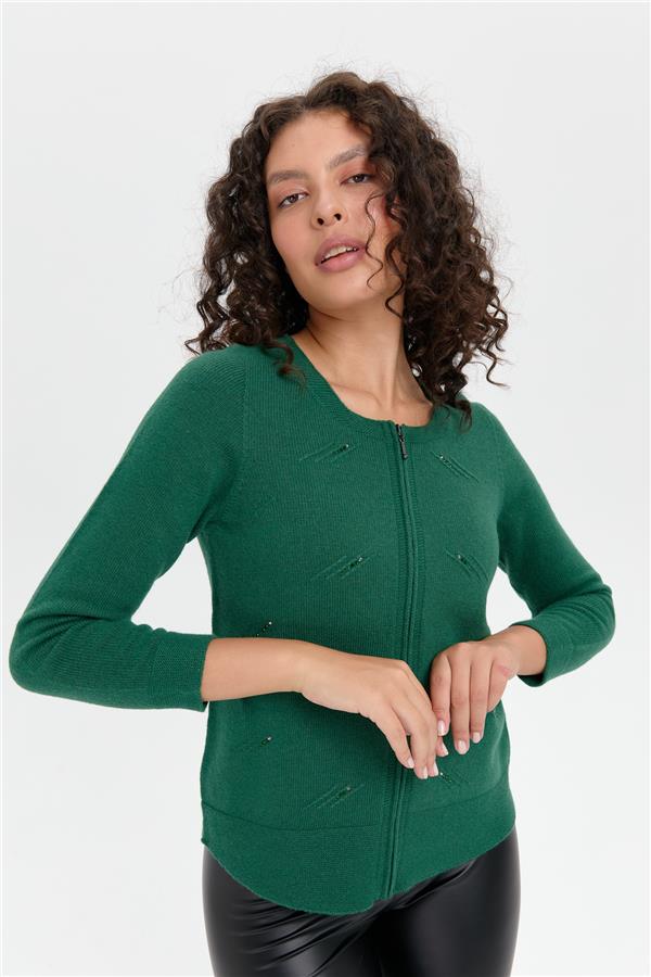 Kadın Sıfır Yaka Önü Taşlı Fermuarlı Yün Kazak Ö.Başı