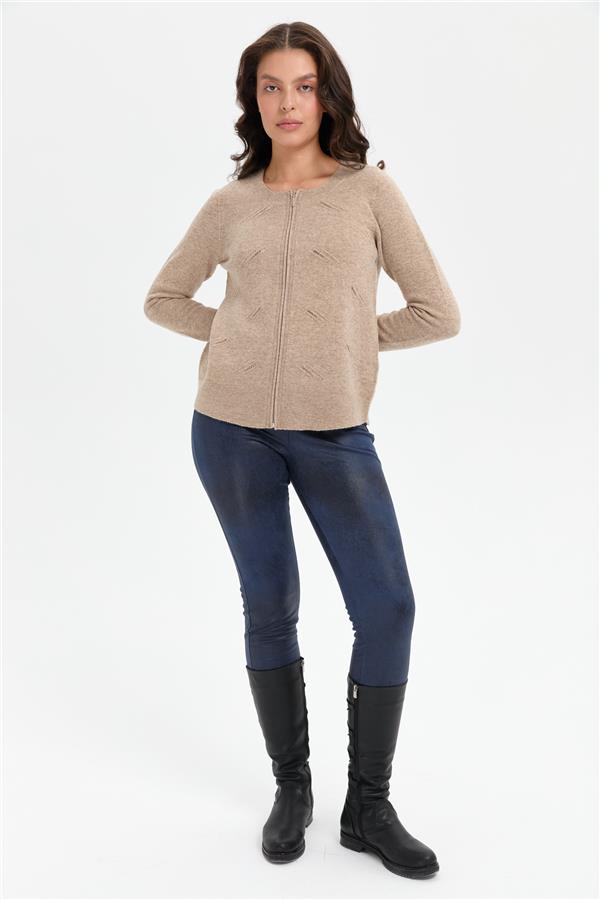 Kadın Sıfır Yaka Önü Taşlı Fermuarlı Yün Kazak K.Bej