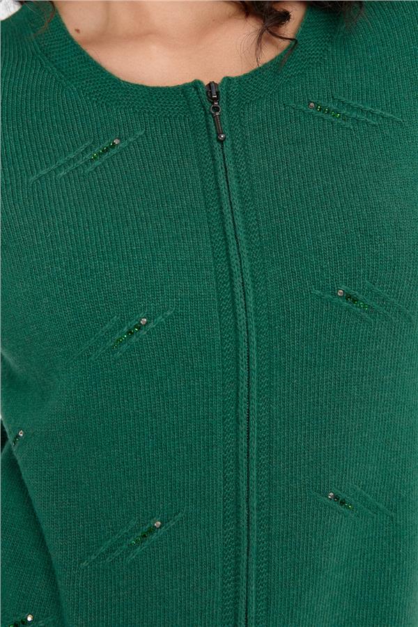 Kadın Sıfır Yaka Önü Taşlı Fermuarlı Yün Kazak Ö.Başı