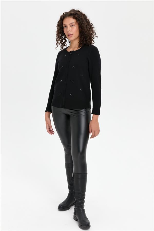 Kadın Sıfır Yaka Önü Taşlı Fermuarlı Yün Kazak Siyah