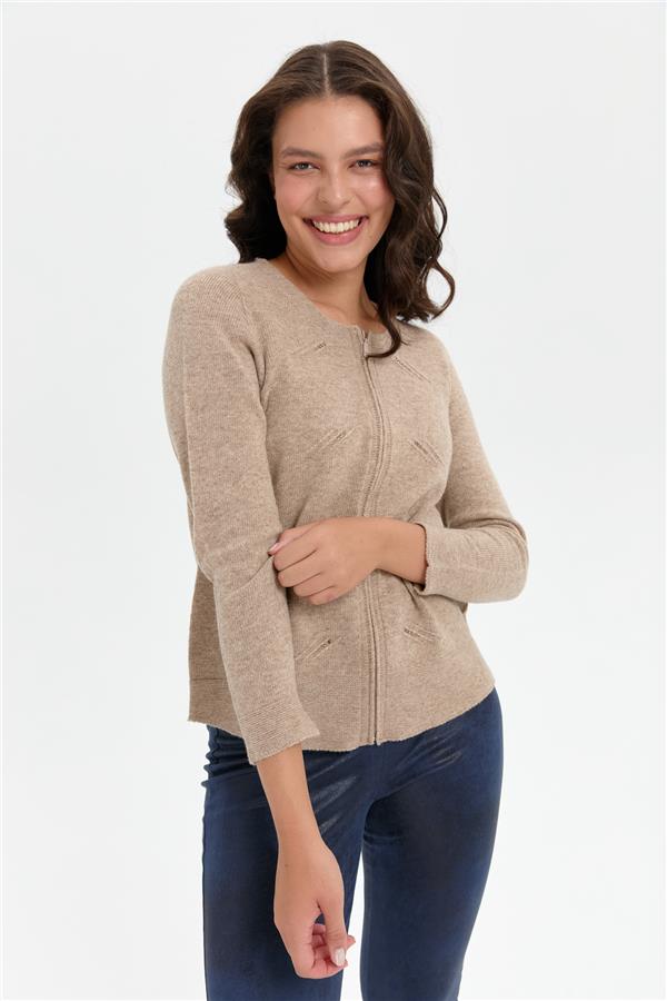 Kadın Sıfır Yaka Önü Taşlı Fermuarlı Yün Kazak K.Bej