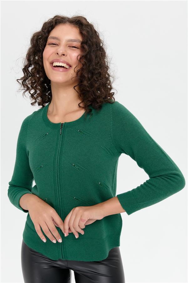 Kadın Sıfır Yaka Önü Taşlı Fermuarlı Yün Kazak Ö.Başı