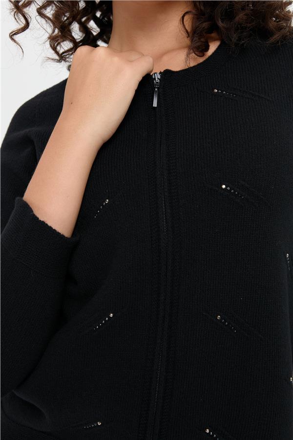 Kadın Sıfır Yaka Önü Taşlı Fermuarlı Yün Kazak Siyah