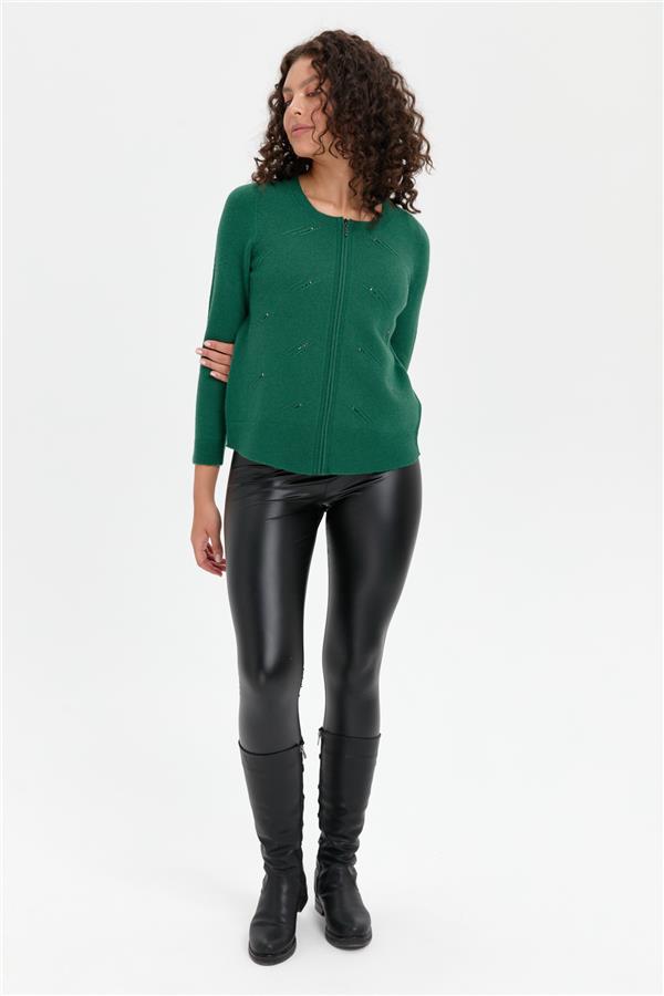 Kadın Sıfır Yaka Önü Taşlı Fermuarlı Yün Kazak Ö.Başı