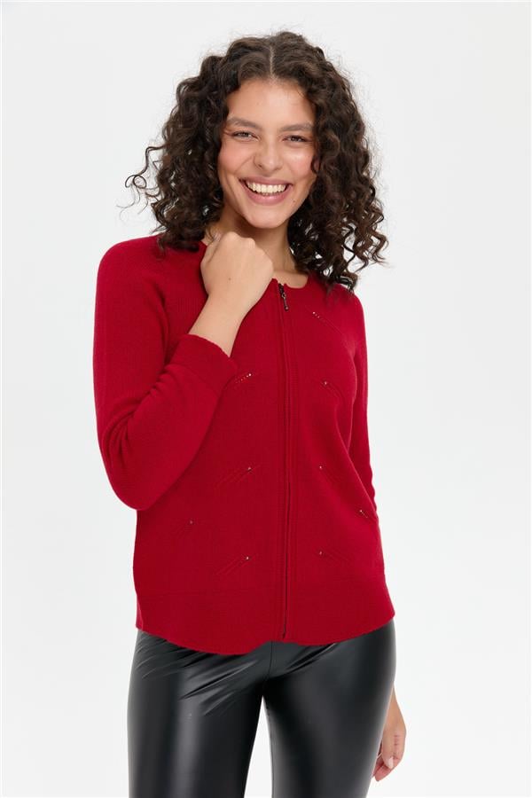 Kadın Sıfır Yaka Önü Taşlı Fermuarlı Yün Kazak K.Kırmızı