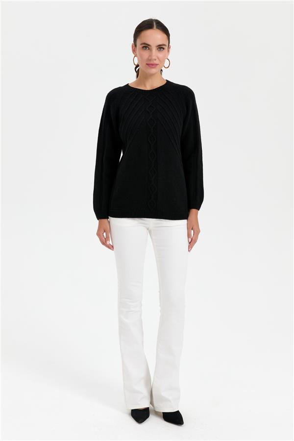 Kadın Sıfır Yaka Dkişsiz Önü Yürütmeli Yün Kazak Siyah