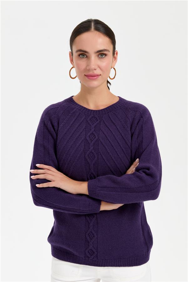 Kadın Sıfır Yaka Dkişsiz Önü Yürütmeli Yün Kazak K.Mor