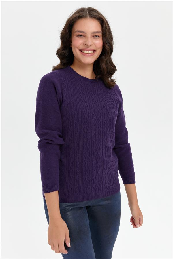 Kadın Sıfır Yaka Dikişsiz Önü Yürütmeli Yün Kazak K.Mor