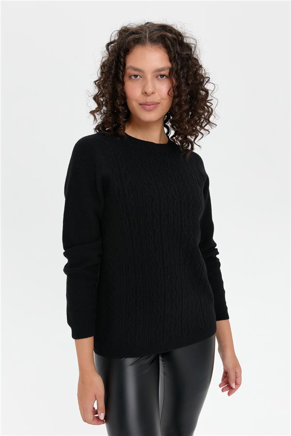 Kadın Sıfır Yaka Dikişsiz Önü Yürütmeli Yün Kazak Siyah