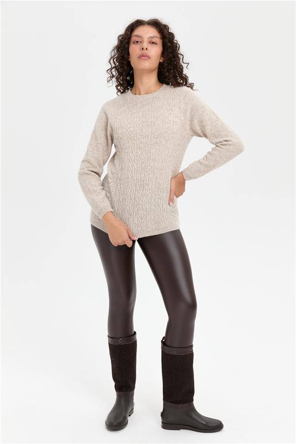 Kadın Sıfır Yaka Dikişsiz Önü Yürütmeli Yün Kazak V.Bej